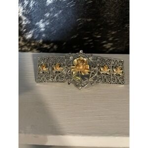 Vintage Hair Barrette Clip‎ Filagree Silvertone w/Rhinestones & Enameled Flowers